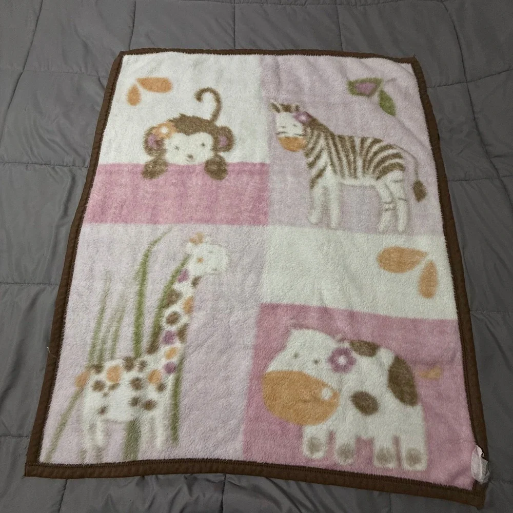 Cocalo Baby Pink Safari Animal Fleece Blanket Zebra Giraffe Monkey Hippo 35x41
